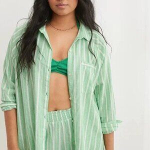 NWOT Eclectic Grandpa/ Coastal Grandmother Lime Green Oversized Linen Button Up